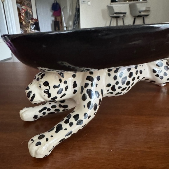Pier 1 Spotted Cheetah Ceramic Serving Bowl Centerpiece Dish Black Cream Stand - Picture 10 of 11
